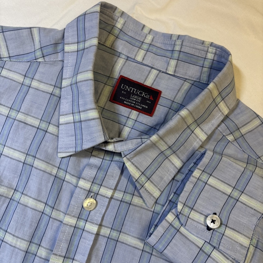 Untuckit Men's Large Linen/Cotton Blend Button Down Shirt Blue Plaid